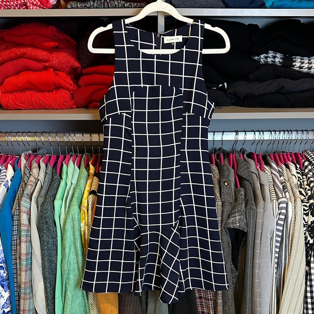 Sugar + Lips navy/white windowpane print sleeveless lined dress size XS